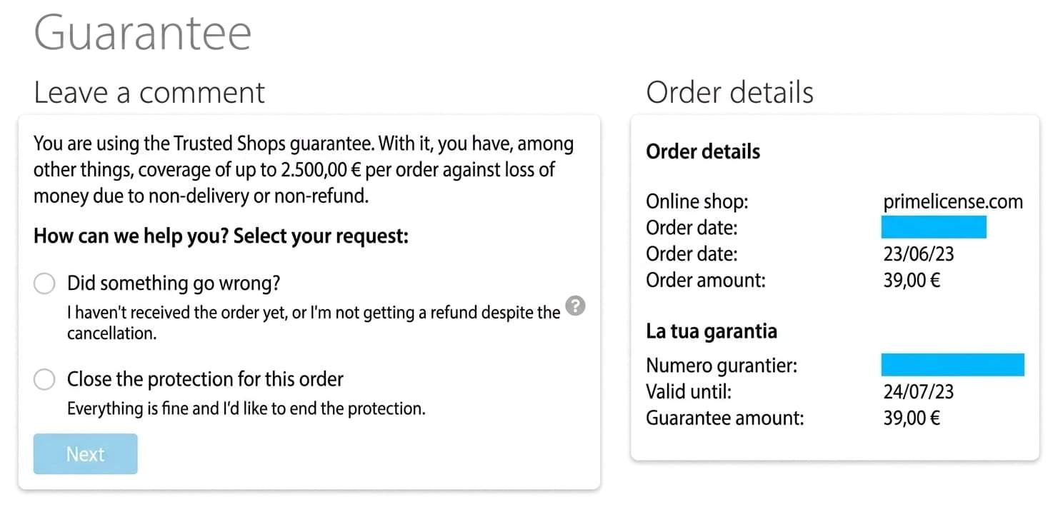Trusted Shops Guarantee on PrimeLicense